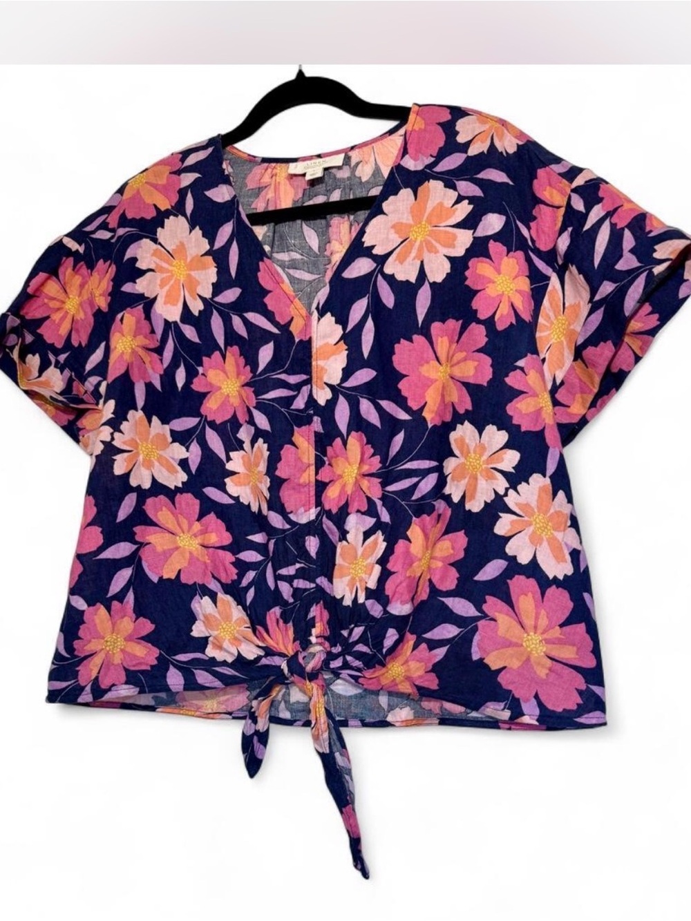 Charter Club linen Navy Floral Tie-Front V-Neck Top with Pink & Peach Blooms